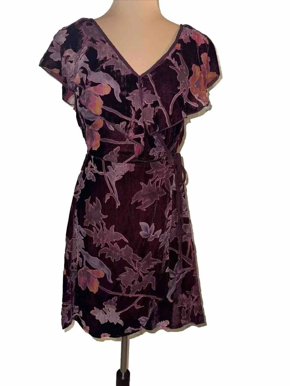 Band Of Gypsies Burgundy  Floral Burnout Faux Wrap Dress Size Small
